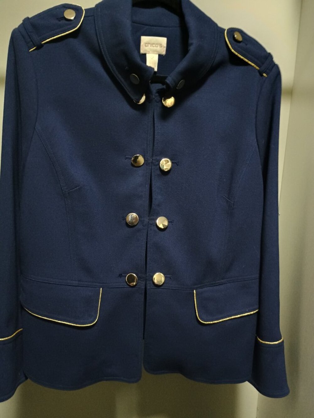 Chico's Navy Blue Military-Style Blazer with Gold Trim